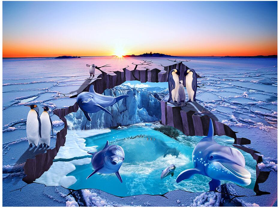 

3d pvc flooring custom photo Waterproof floor wall sticker Ice glacier dolphin penguin living room 3d wall murals wallpaper for walls 3 d, Pictures show