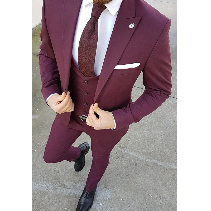 Three Piece Burgundy Men Suits for Wedding Groomsmen Tuxedos with Peaked Lapel Blazer Latest Style Jacket Pants Vest
