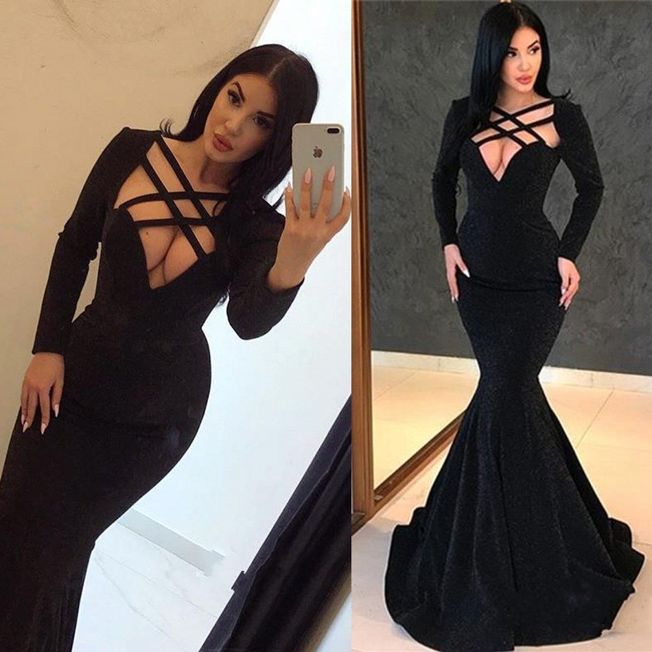 

Sexy Black Long Sleeves Evening Gowns 2019 Cutaways Sides Mermaid Custom Made Long Prom Gowns BC0315, Brown