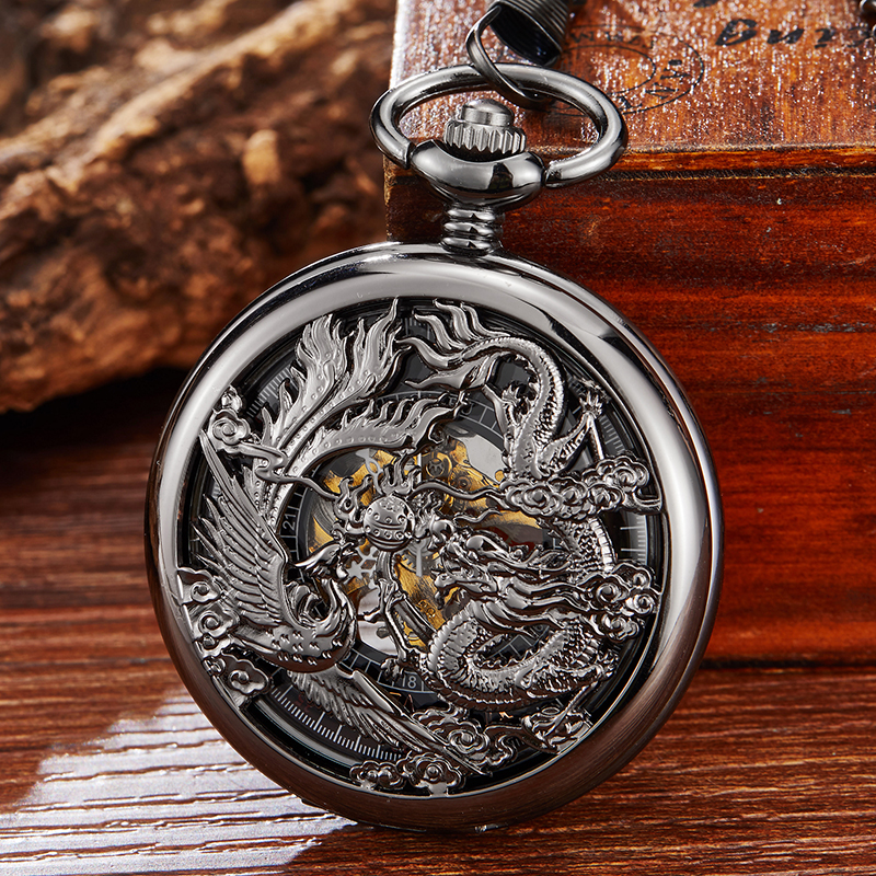 

Retro Black Dragon and Phoenix Pocket Watch Men Women Clock Hollow Sculpture Steampunk Quartz Pocket Watch With FOB Chain Gifts