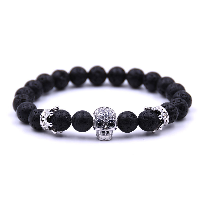 

Punk Crown Cubic Zirconia Spartan Skull Bracelets Mens Black Lava Nature Stone Beads Bracelet Jewelry Pulseira Masculina Free shipping