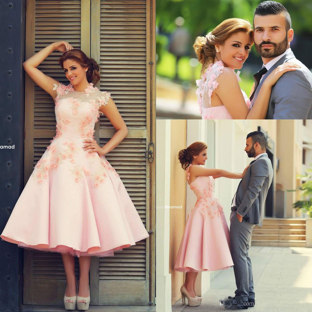 

2018 Gorgeous Blush Pink A line Tea Length Prom Dresses With Hand Made Flowers High Neck Dubai Arabic Formal Party Dress, Light yellow