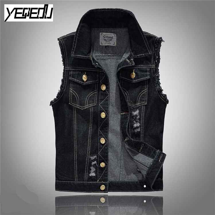 

#2412 2017 Black jeans vest Fashion Punk Gilet homme Vintage Sleeveless jacket Men's denim vest Streetwear 5XL 6XL plus size
