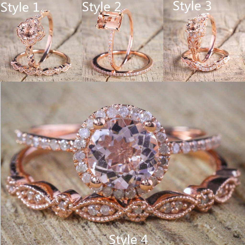 

2PCS /Set 2018 Dazzling Newest Vintage Milgrain Morganite and Diamond 18K Rose Gold Filled Engagement Ring for Women Bridal Wedding Ring Set