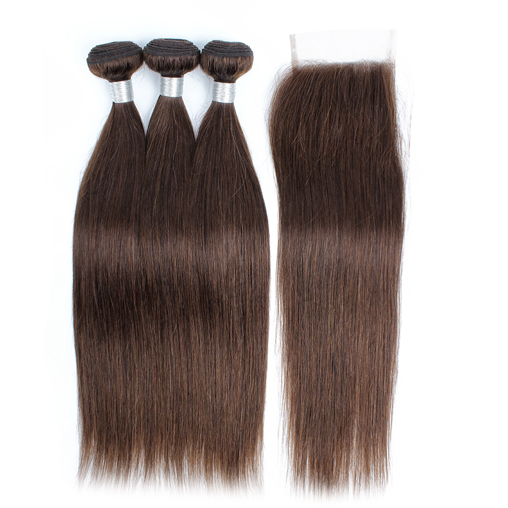 

Kiss hair Color 4 Chocolate Brown Straight Hair 3 Bundles With Lace Closure Raw Virgin Indian Remy Human Hair Extensions, Color #4