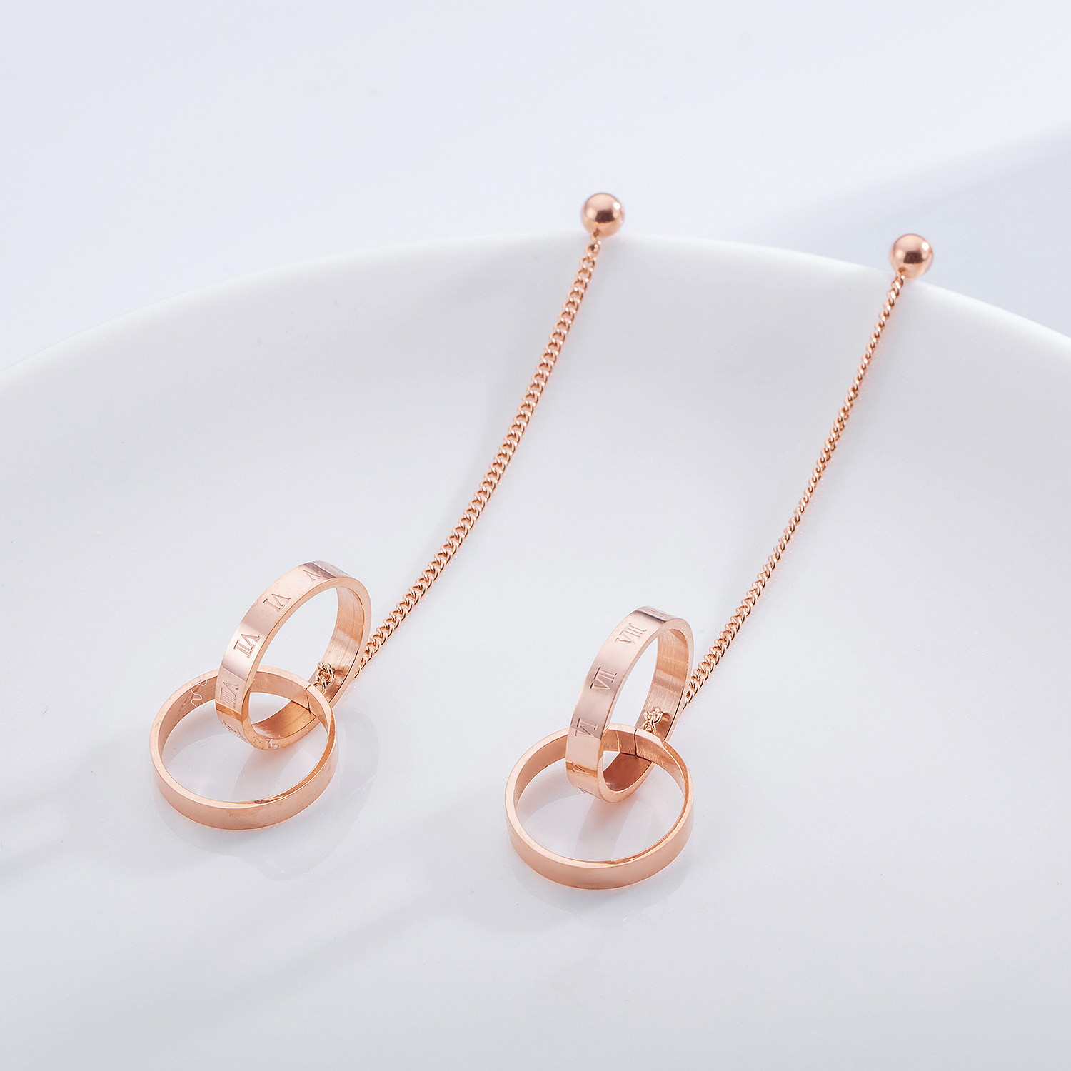 

Women's long earrings fashion personality creative long double circle tassel earrings titanium steel rose gold color, Silver