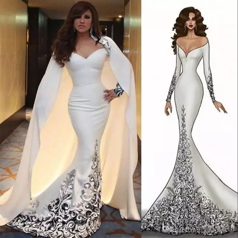 

Glamorous Dubai Celebrity Prom Dress With Cape Long Sleeves Beaded Applique Mermaid Evening Dress Fashion Off Shoulder Prom Dresses, Sage
