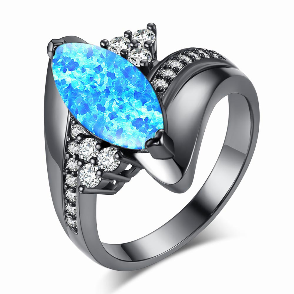 

New Opal Sky Blue Marquis Cubic Zirconia Black Gold Plated Rings Size 6/7/8/9/10 Women Men's Wedding Jewelry