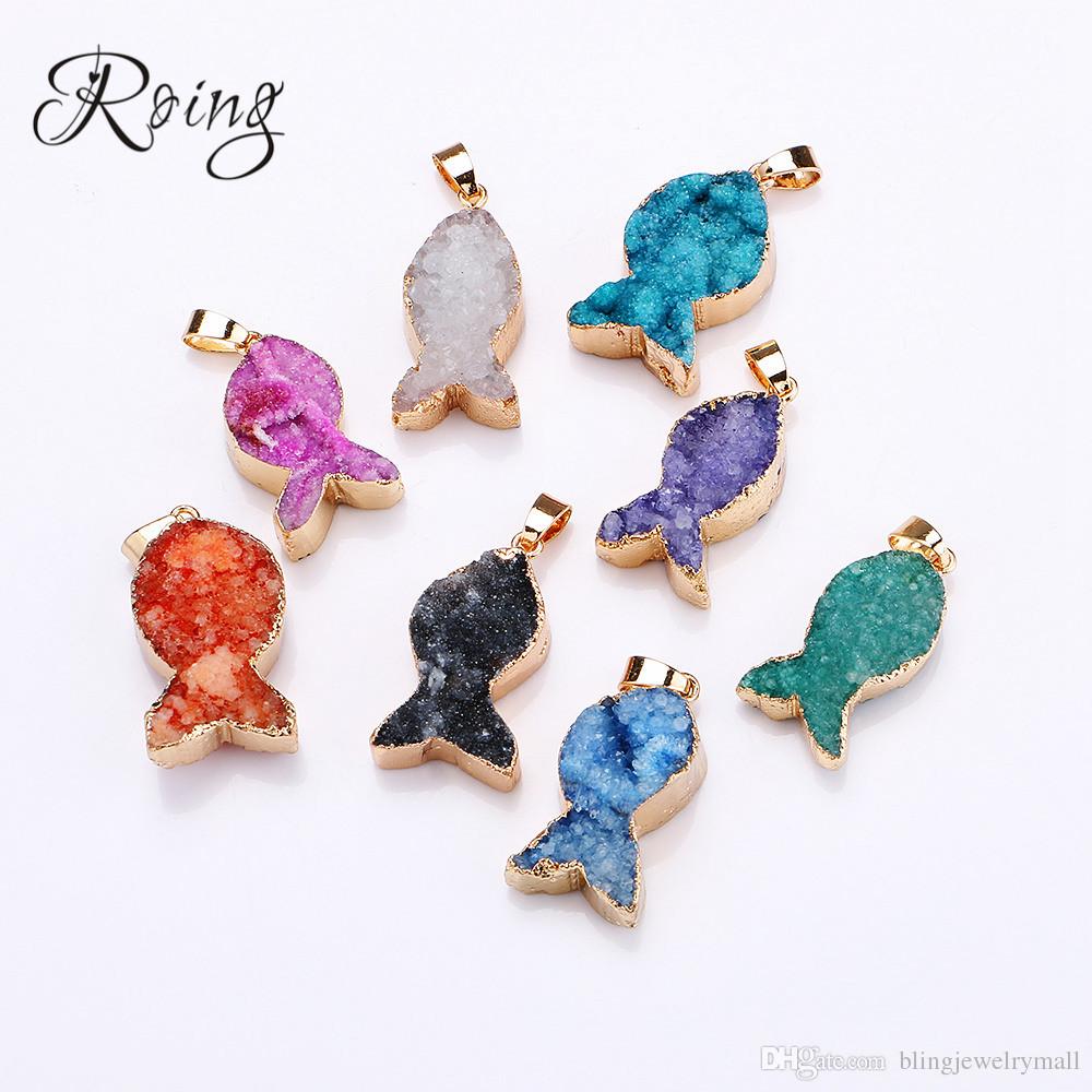

Roing 8 Color 30mm Natural Crystal Stone Gilded Fish Fashion Pendant with Rope Necklace Woman Man Jewelry Accessory C023