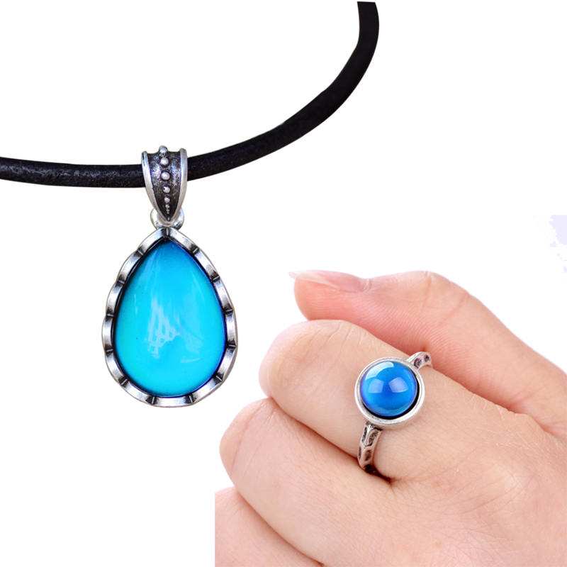 

New Design Jewelry Sets Womens Fashion Mood Pendant Leather Chain Neckalce Color Change Silver Ring for Sale