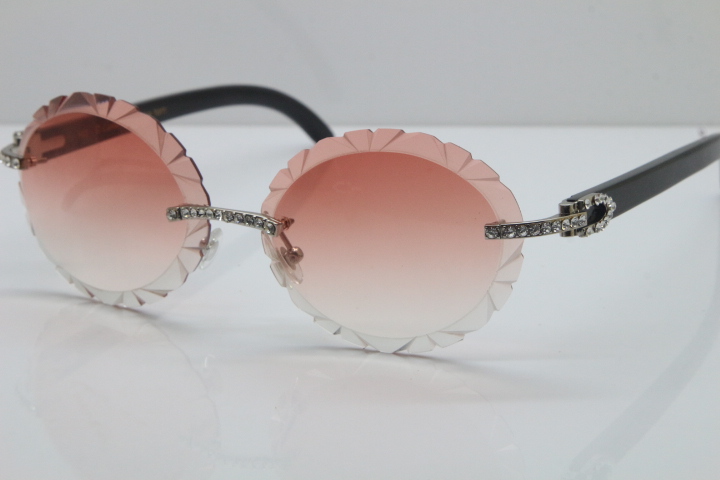 New Big Stones Glasses T8200761 Hot 18K Gold Sunglasses Oval Lens Black Buffalo Horn Rimless Carved Trimming Lens Vintage Sunglasses Unisex
