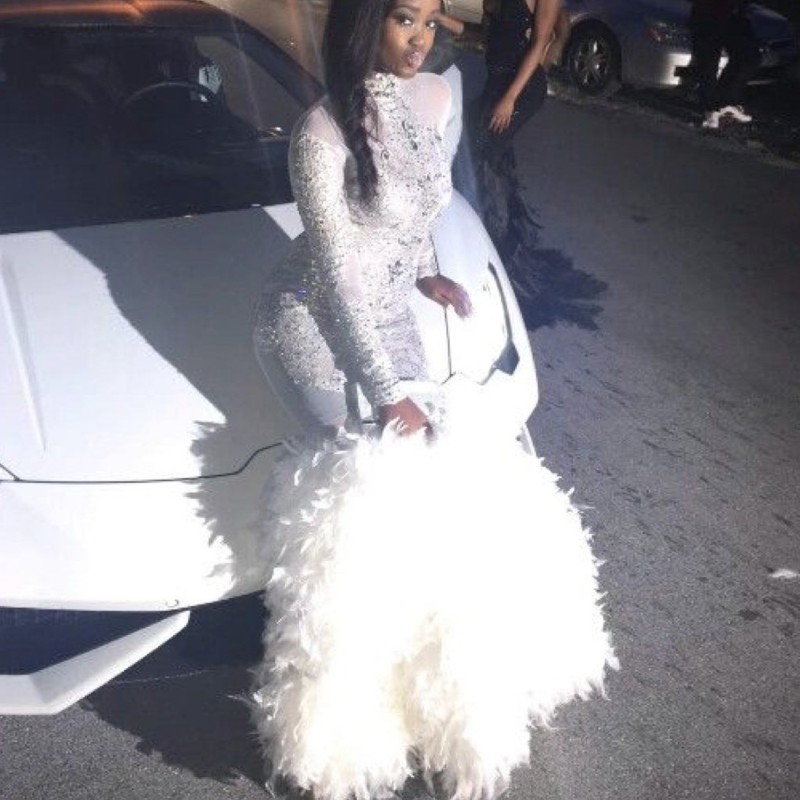 

Sexy Luxury Feather Prom Dresses High Neck Beads Lace Applique Mermaid Party Dresses Fashion Dubai Long Sleeves 2K18 Black Girl Prom Dress, Gray