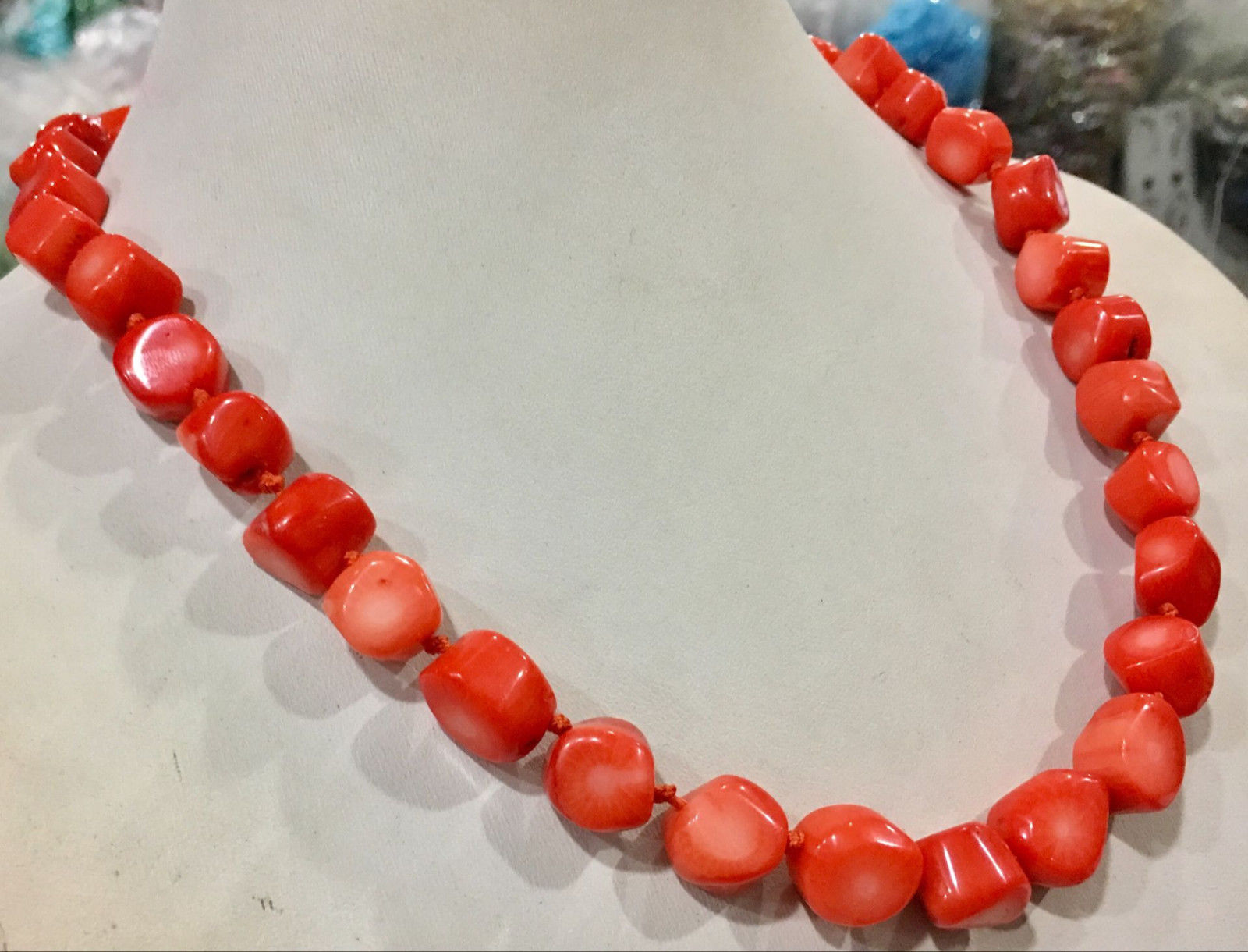 

Natural Orange red coral 10-12mm irregular bead necklace chain gemstone 18", Silver