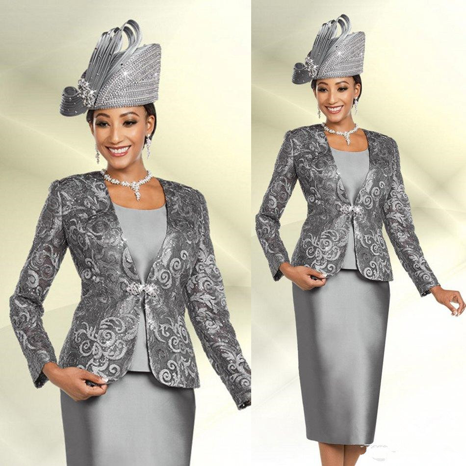 

Silver Mother Of The Bride Dresses Three Pieces Jacket Long Sleeve Mother Of The Bride Lace Sequins Plus Size Prom Dress Party Wear