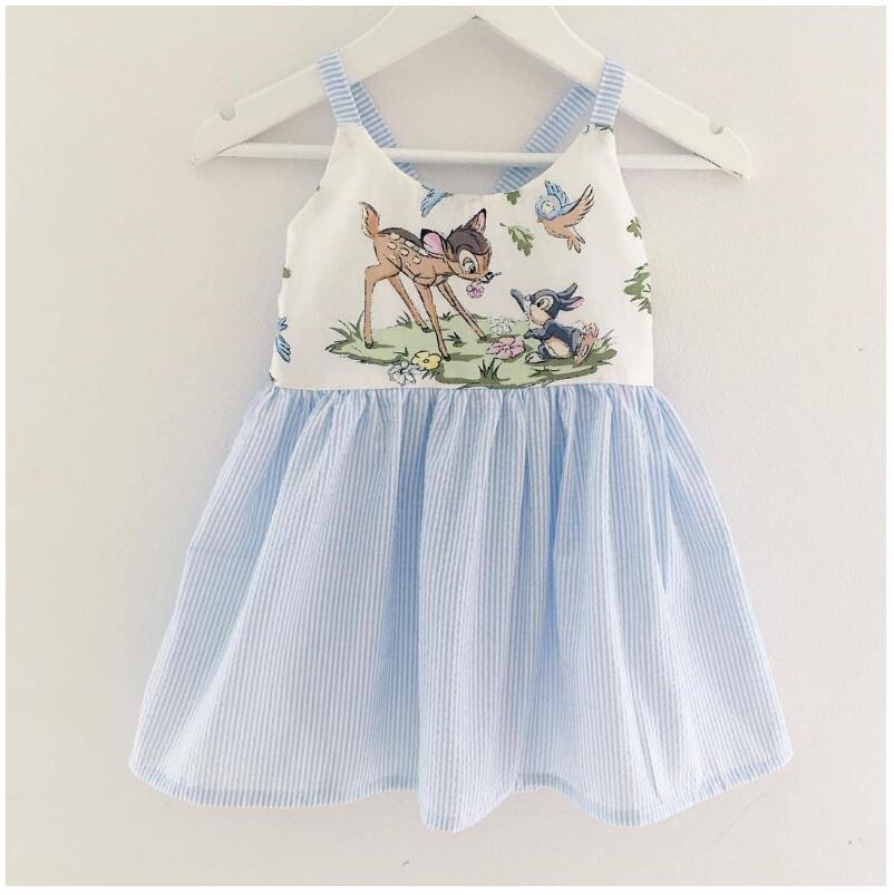 

Girl Deer Printed Striped Dress Baby Summer Sleeveless Light Blue White Dresses Kids Sweet Skirt Children Clothes ZHT 012, As picture