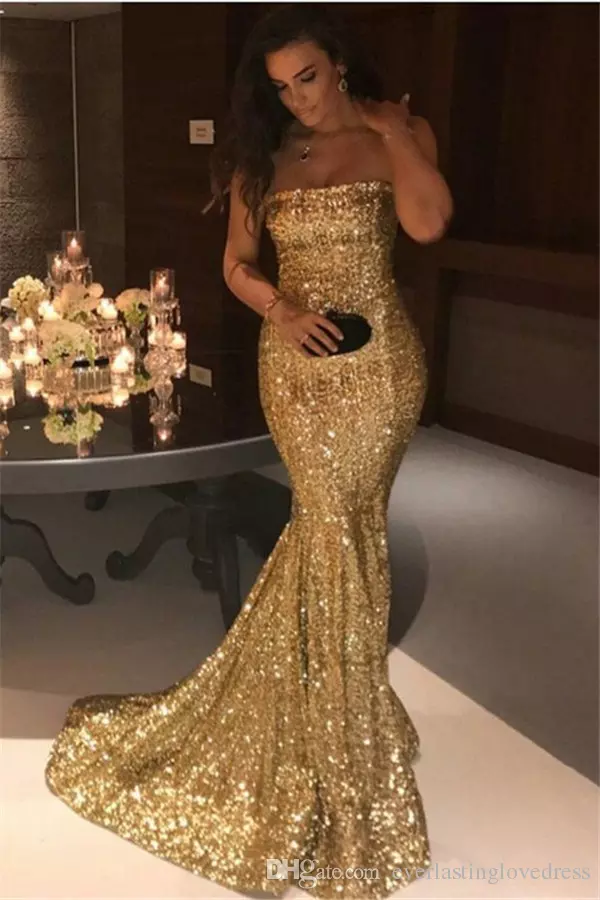 

Bling Elegant Sequined Gold Evening Dress Strapless Long Mermaid Prom Dress Sweep Train Saudi Arabic Dubai African Backless Party Gown, Gray