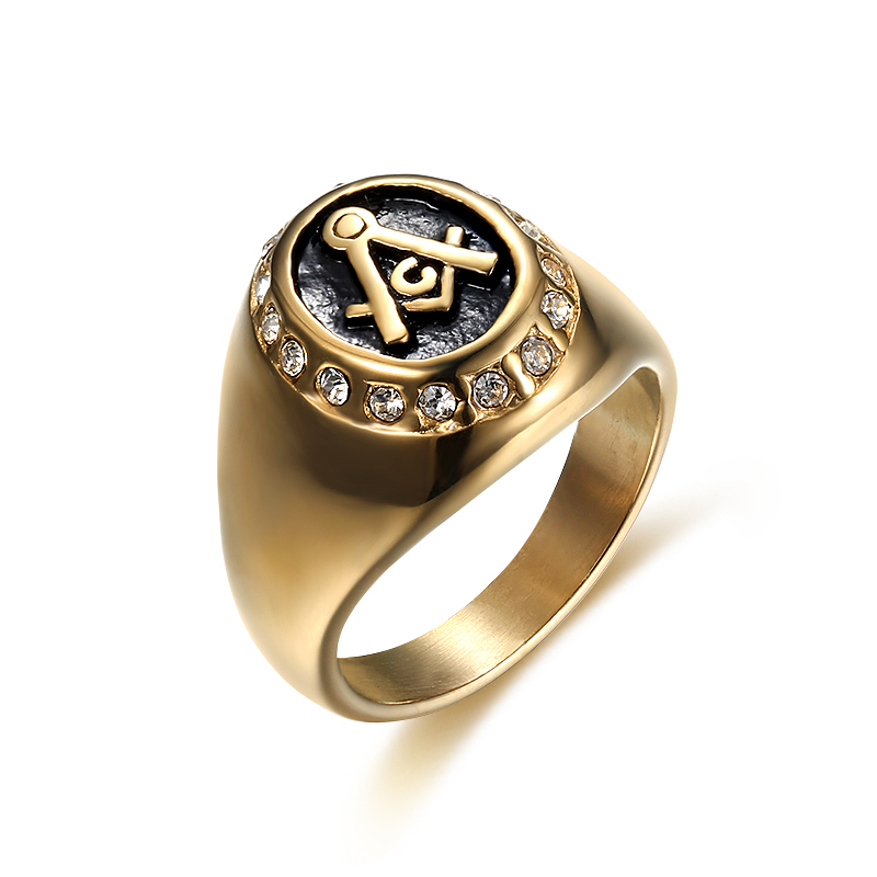 US Size 7-15 Simple 316L Stainless Steel Masonic Ring Freemasons with Clear CZ Gold Color Finger Rings for Men Fashion Jewelry