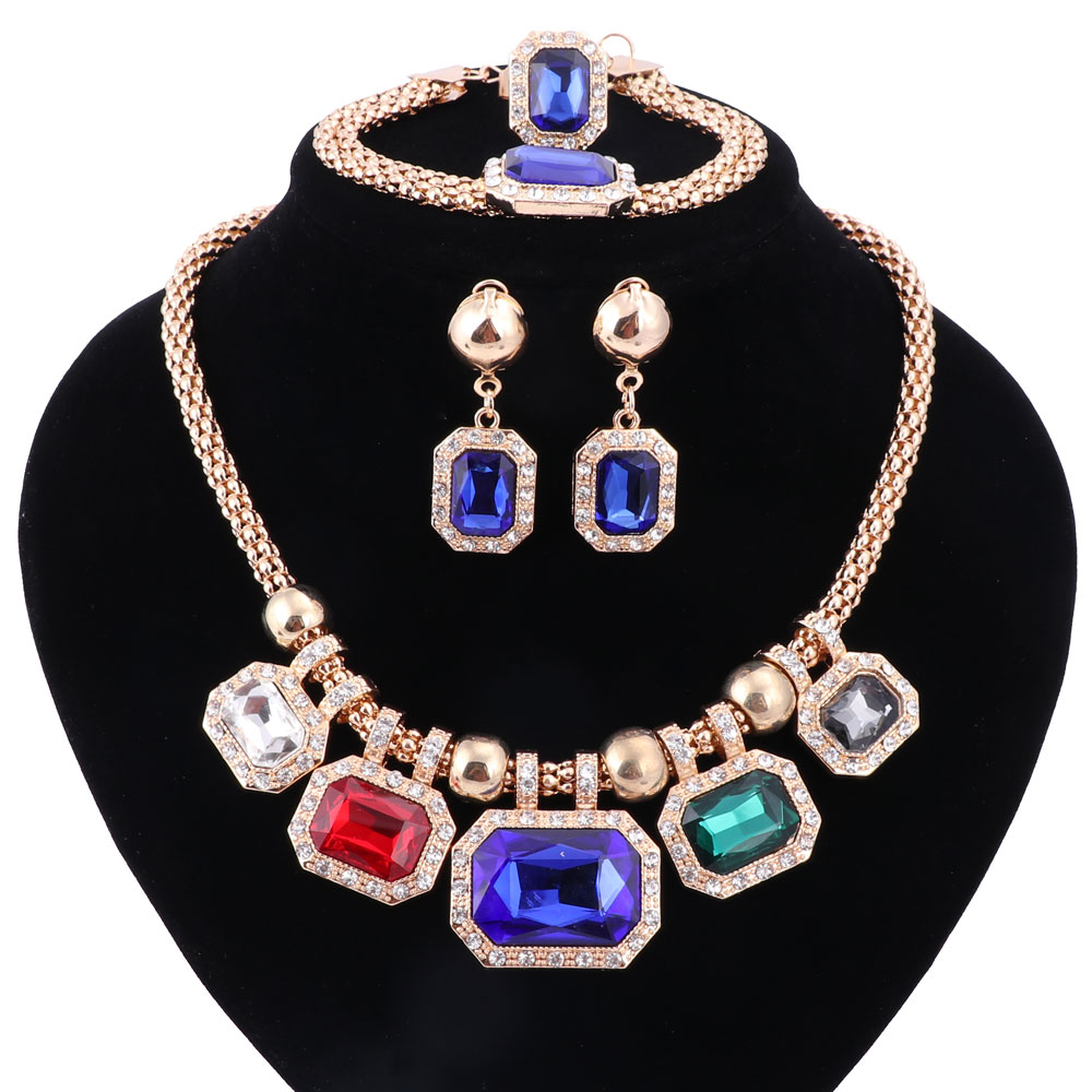 Wedding African Beads Jewelry Sets Gold-color Rectangle Pendant Necklace Earring Bracelet Ring Nigerian Jewelry for Women-image-412634362