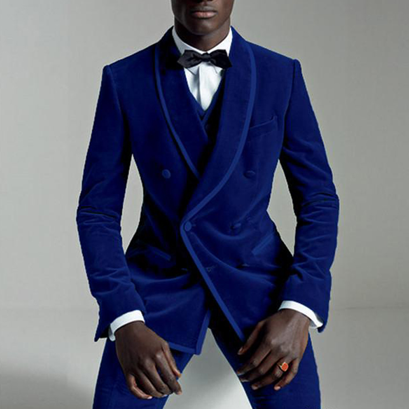 Royal Blue Velvet Evening Party Men Suits Double Breasted Shawl Lapel Three Piece Wedding Tuxedos 2018 Latest Coat Pant Designs