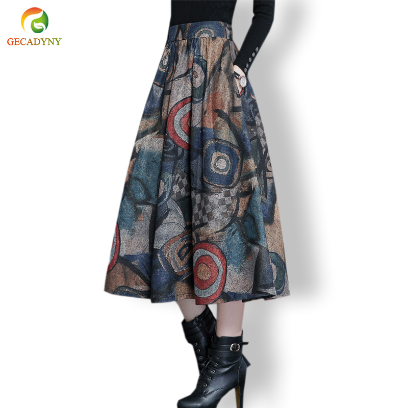 

Autumn Winter Maxi Woolen Skirt Women Retro Thick High Waist Long Skirt Faldas Big Swing Pleated Printed Wool Skirts Women M-4XL, Grey
