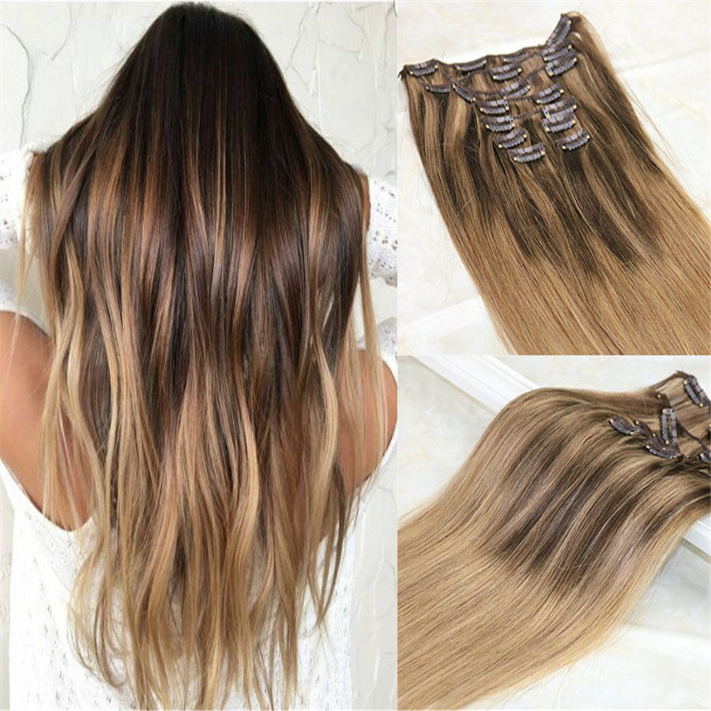 

Balayage Clip in Hair Extensions #4 Dark Brown mixed #27 Honey Blonde and Color #10 Golden Brown Ombre Brazilian Human Hair Extensions Clips
