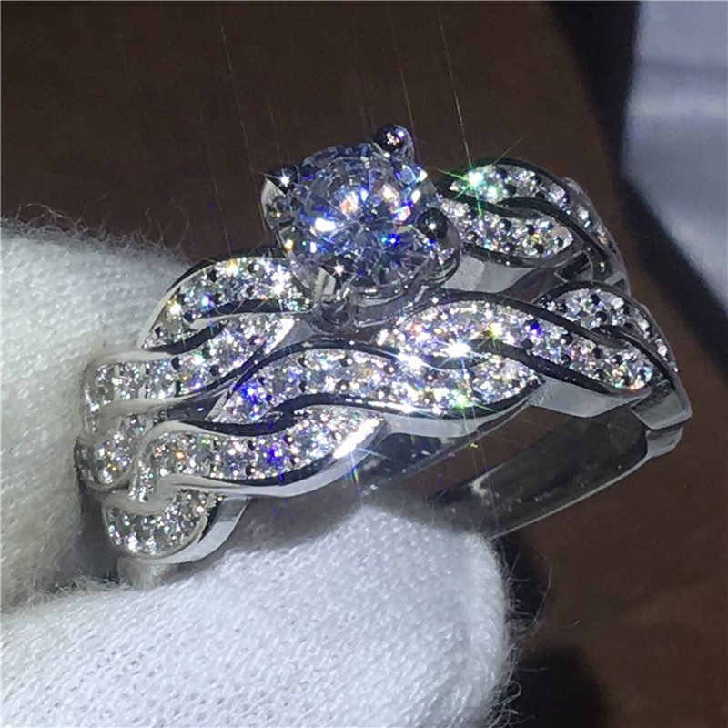 

Sparkling Lovers Cross ring set White Gold Filled Engagement wedding band rings for women men 5A zircon crystal Bijoux