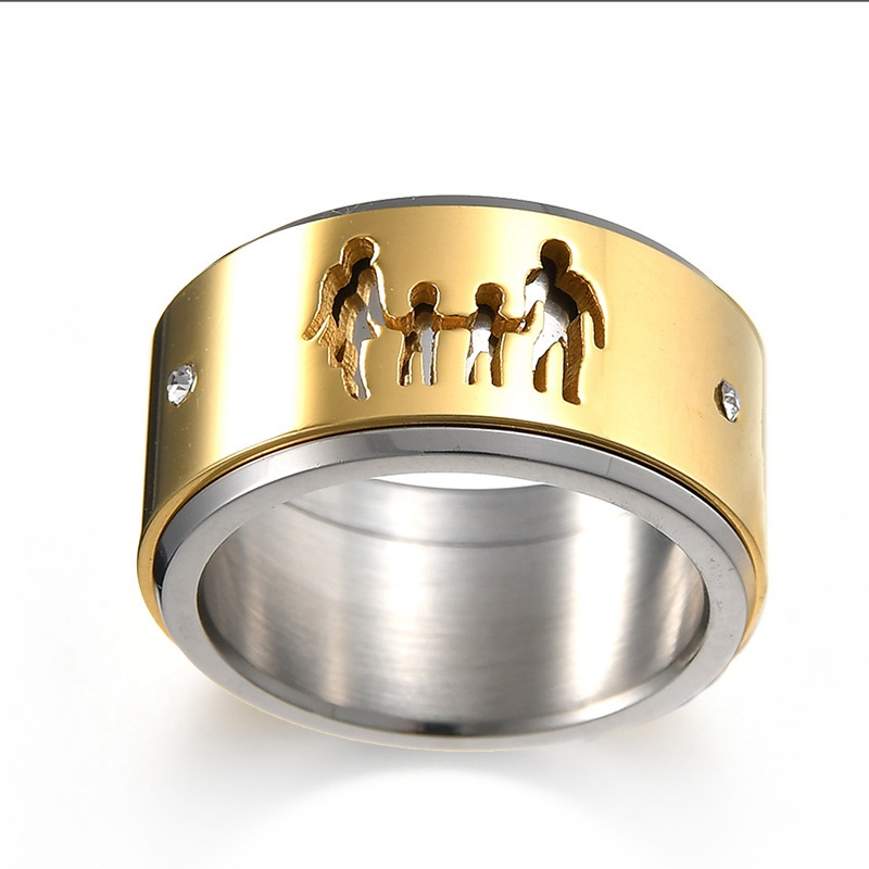 

New Luxury Gold Plated Style Cute Kids Charms Ring Boy Girl Mom Dad Family Rotate Ring Jewelry Father Day, Family Gift