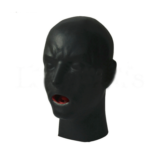 

free shipping New design hot sale 3D latex human mask hoods closed eyes fetish hood with red mouth sheath tongue & nose tube Thickness 1.0mm, With black plug nose tube