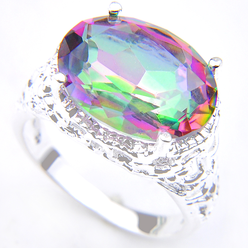 

Luckyshine 6 Pcs/Lot Hot Sale 925 Silver Multi-color Rainbow Natural Mystic Topaz Ring Gorgeous Oval Exquisite Unisex Vintage Rings