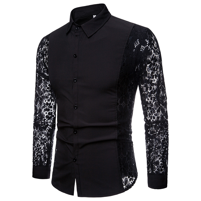 

2018 New Autumn Black White Patchwork Lace Shirt Men Transparent Sexy Party Long Sleeve Dress Shirts camisa social masculina