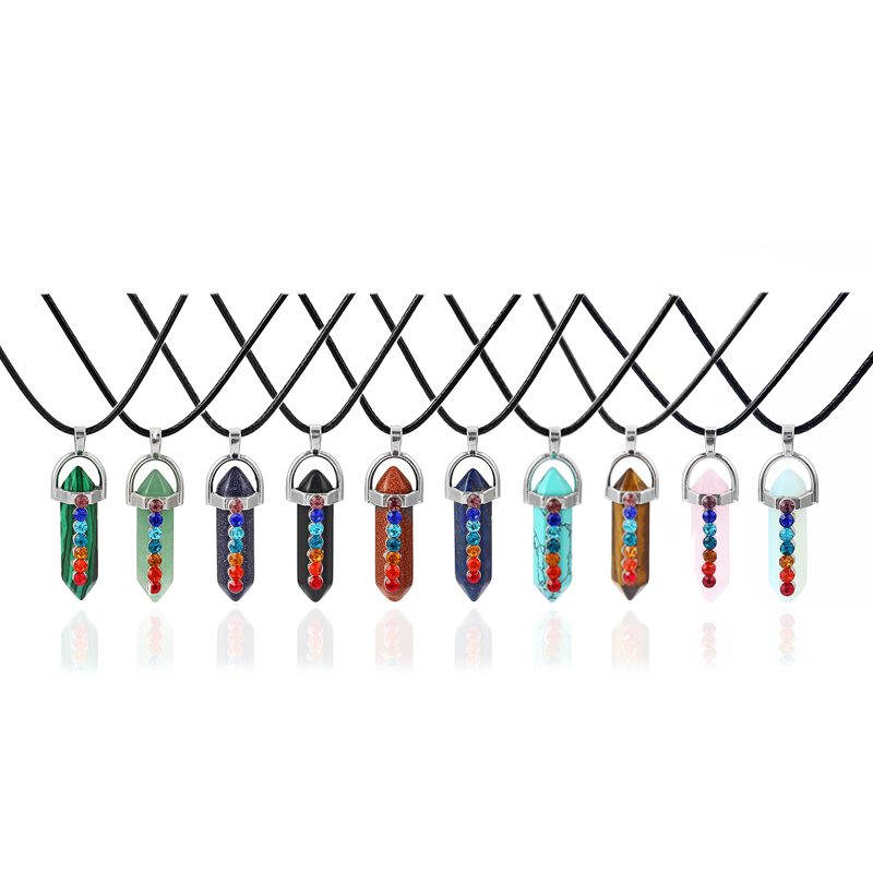 

Hexagonal Prism Crystal Pink Quartz Natural Stone Pendant 7 Chakra Necklace With 50cm stainless steel chain