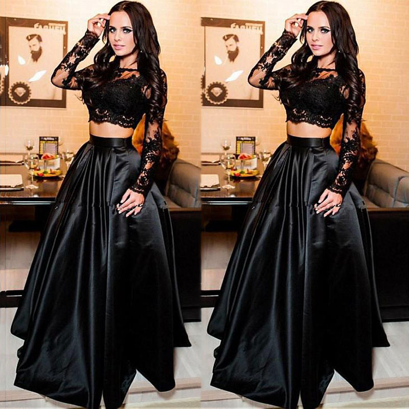 

Sparkly Black Satin Scoop Neckline Long Sleeves Two-piece A-line Evening Dresses Sexy Beaded Lace Appliques Illusion Prom Party Dresses, White