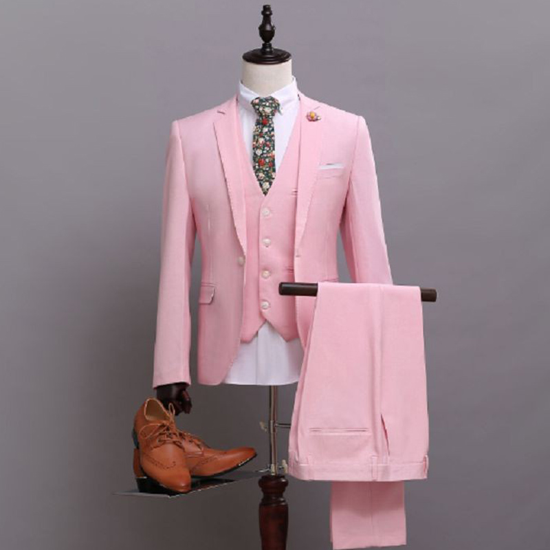 Pink Formal Wedding Men Suits Notched Lapel Custom Made Groom Tuxedos Three Piece with Man Jacket Pants Vest