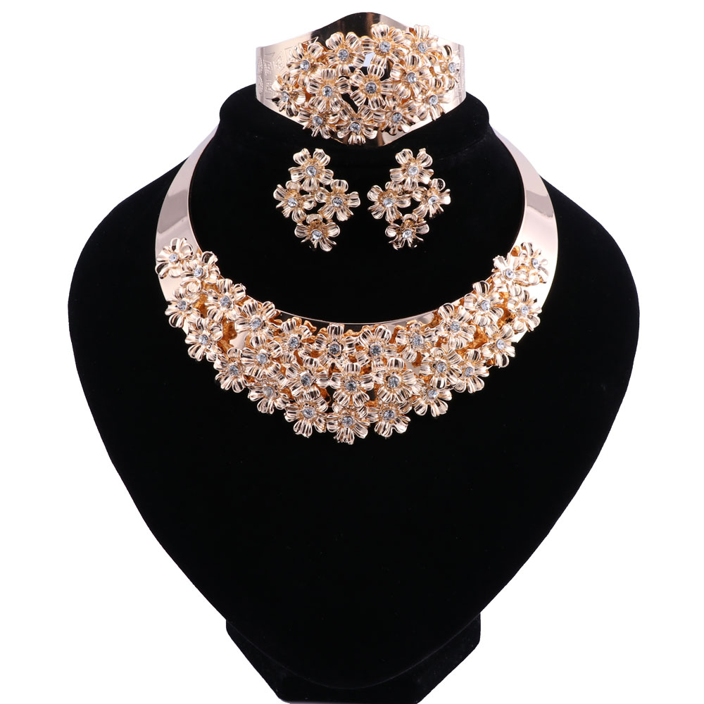 

African Beads Jewelry Set Crystal Wedding Flower Necklace Earrings Set For Women Dubai Luxury Bridal Jewelry Sets, Golden