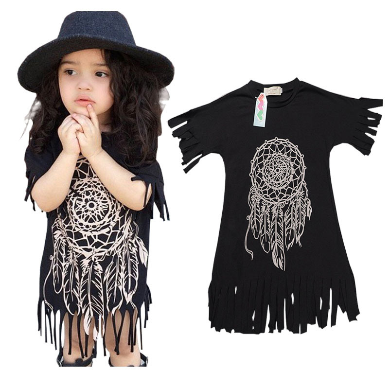 

Black New Baby Girl Tassel Dress Printed Pattern Infant girl Dresses for Kids Cotton Short Sleeve Girl Clothes Summer Dress