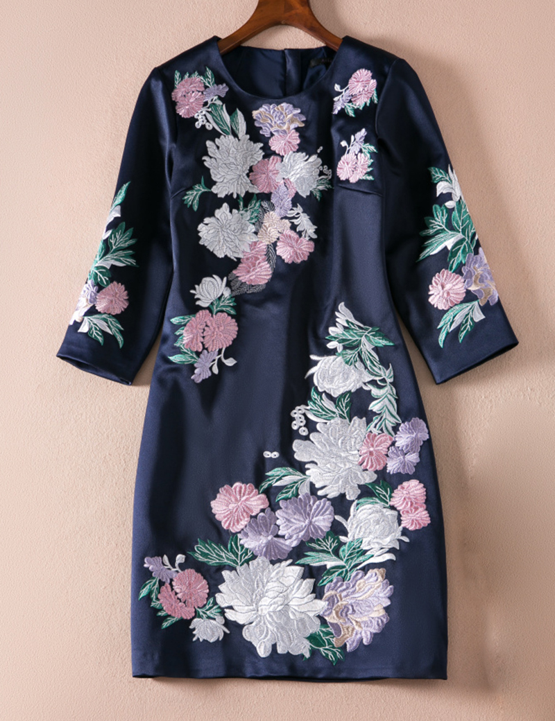 

Luxury Women Embroidery Sheath Dress 3/4 Sleeve Party Dresses 06K828, As pictures
