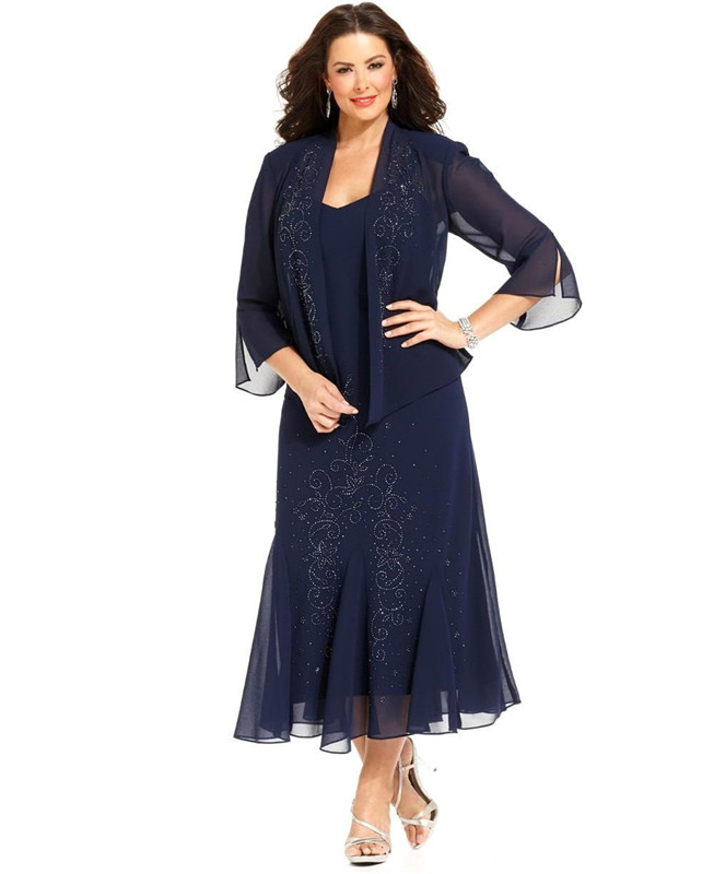 

2018 Dark Navy Chiffon Tea Length Crystal Plus Size Mother of the Bride Dresses with Jacket Long Sleeves Mother Wear Wedding Guest Gowns