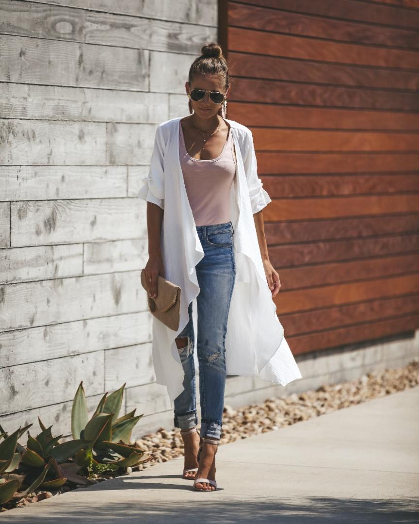 

2018 Autumn White open stitch Duster Cagdigan Winter Coat Casual Kimono Half Sleeve Long Jackets Windcoat Turn-down Collar Cloth