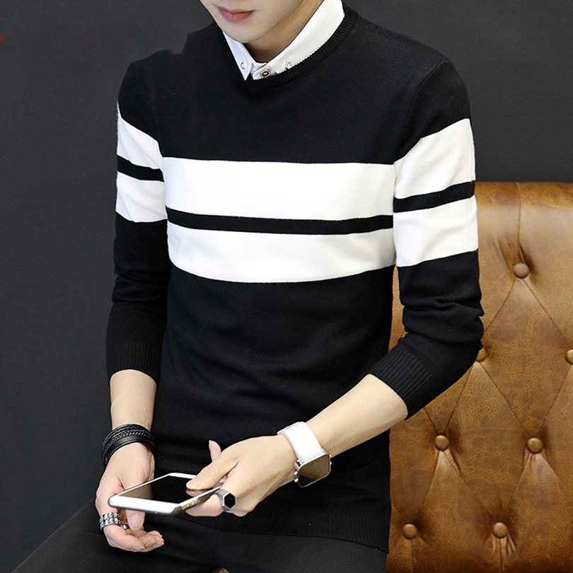 

Thin Casual Sweater Men O-Neck Pullover Striped Knitted For Man Winter Korean Clothing, White;black