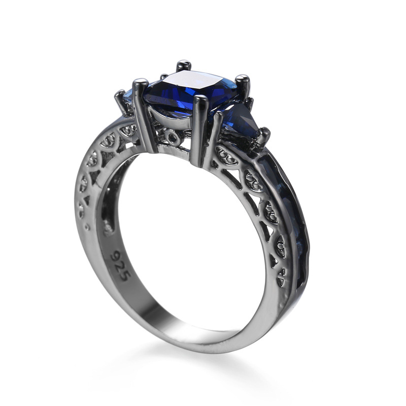 Fashion Prong Blue Sapphire Cubic Zirconia Black Gold Plated Ring Size 6/7/8/9/10 Women Men's Engagement Jewlery