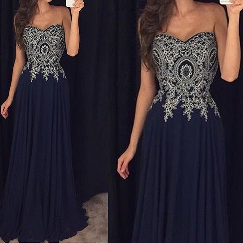 

Modest Navy Blue A-line Prom Dresses Front Sexy Sweetheart Appliques Simple Evening Gowns Party Wear Dress Custom Made, Same as picture