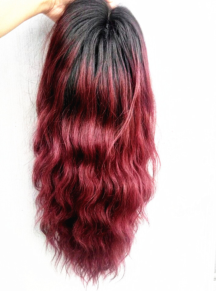 Human Virgin Remy Brazilian Wave Hair Lace Front Wigs Ombre T1B/99J Natural Black/Burgundy Color-image-407930762