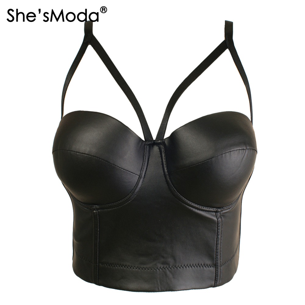 

She'sModa Matt PU Leather Cut Cross Bralet Women's Bustier Bra Night Club Party Cropped Top Vest Plus Size, Black