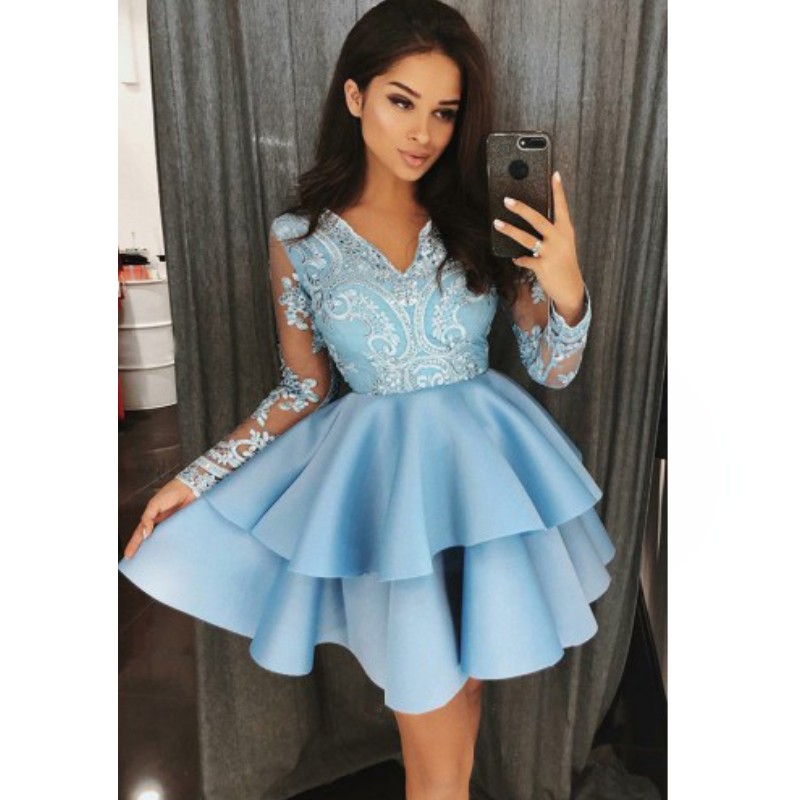 

A-Line V-Neck Homecoming Dresses Tiered Sky-Blue Satin Above Knee 2018 Prom Dress Long Sleeves Lace Appliques Short Cocktail Dresses, Dark red