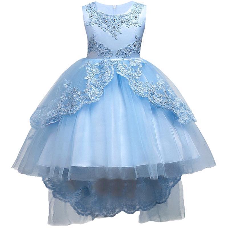 

Pretty Lace Blue Puffy Flower Girl Dresses 2018 High Low Lace Appliques Communion Dresses Pageant Dresses For Little Girls mc1458, White