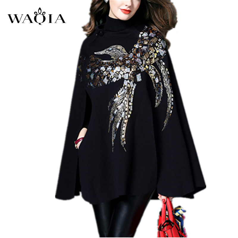 

Newest Fashion Women Cashmere Cloak Coat Bird Pattern Beading And Sequins Shwal Loose Woolen Female Cape Bat Sleeves Wrap, Black
