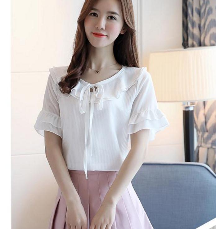 

Chiffon women's short sleeves 2018 summer new style Korean flouncing trumpet sleeves pure color shirts, Pink
