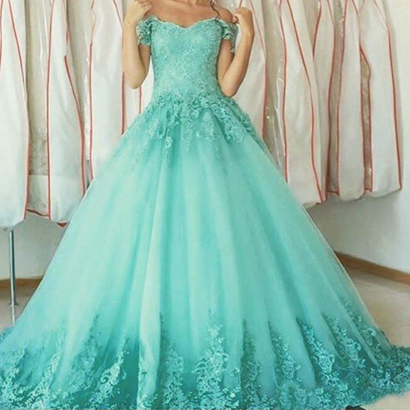 

2018 Cheap Elegant Mint Green Long Prom Dresses Applique Lace Tulle Off Shoulder Custom Quinceanera Gown Sweet 16 Dress Vestido de 15 anos, Daffodil