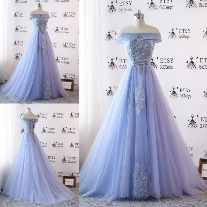 

2018 Light Lavender Prom Dress Handmade Applique Sequins Off Shoulder Lace Up Back Evening Dresses Real Image, Multi