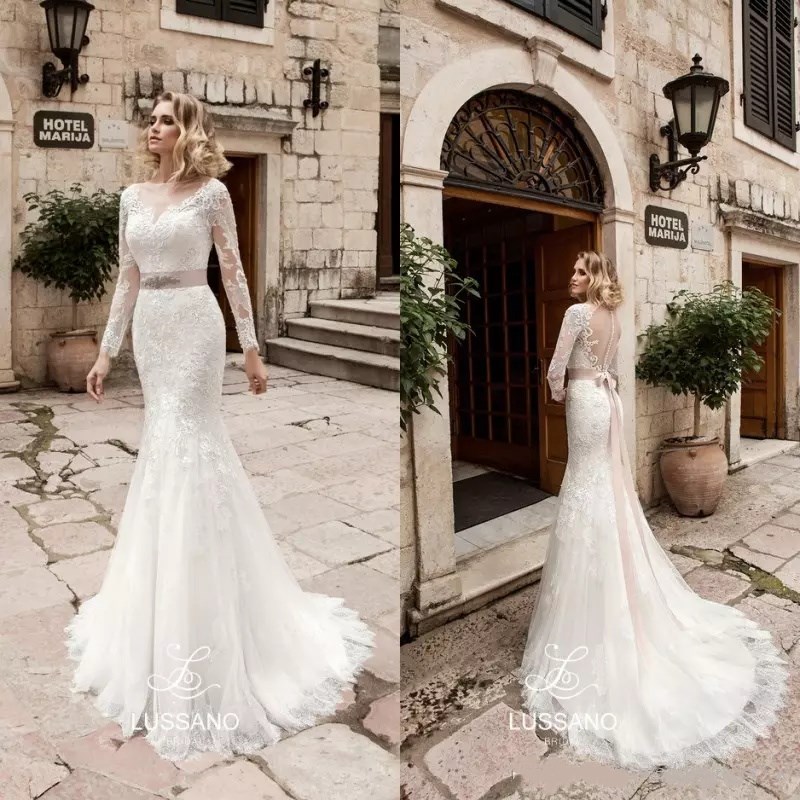

modest wedding dresses with sleeves sheer neck illusion back lace appliqued tulle bridal gowns with detachable crystals sash lso, Ivory